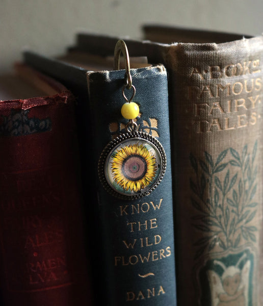 Sunflower Glass Cabochon Brass Book Hook / Bookmark