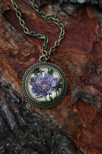 Purple Aster Wildflower Pendant Necklace