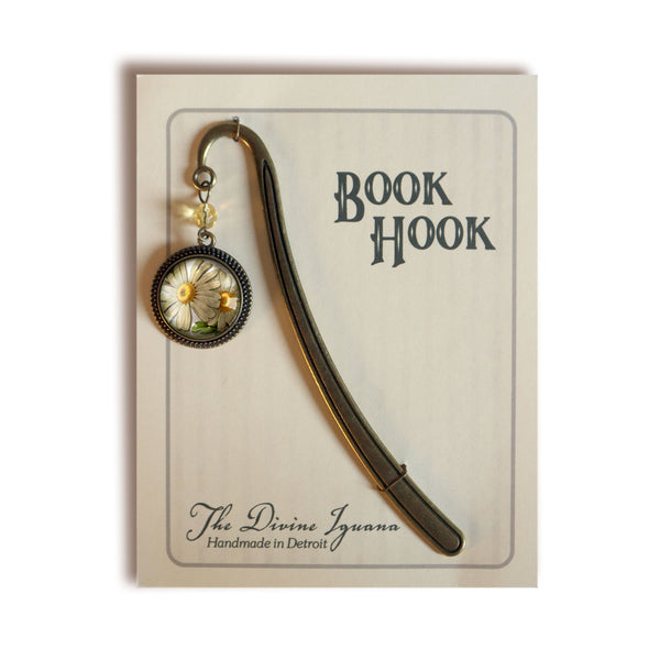 Summer Daisy Flower Glass Cabochon Brass Book Hook / Bookmark