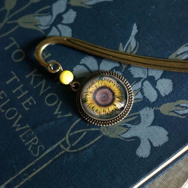 Sunflower Glass Cabochon Brass Book Hook / Bookmark