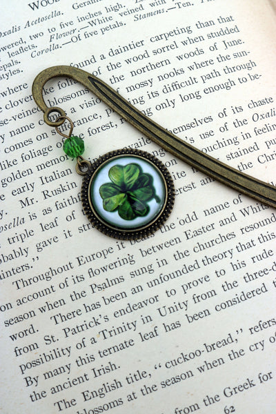 Four Leafed Clover / Shamrock Glass Cabochon Brass Book Hook / Bookmark