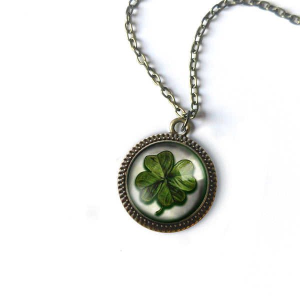 Shamrock or Four-Leafed Clover Pendant Necklace with Bead Accent