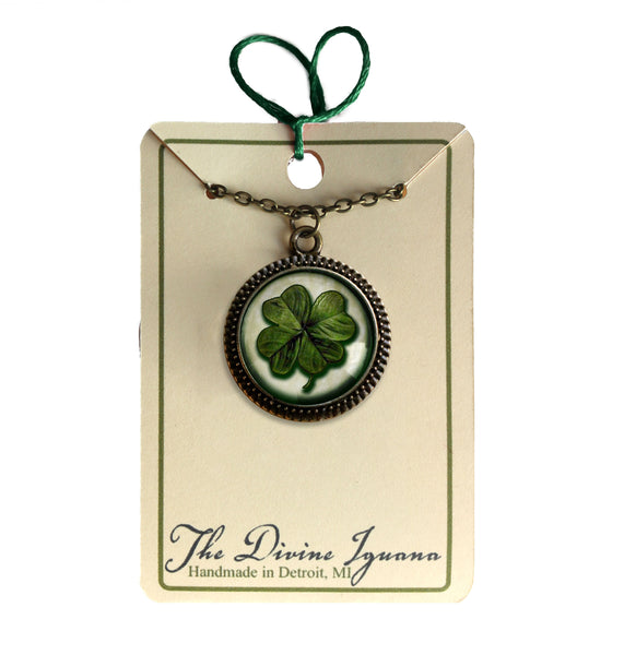 Shamrock or Four-Leafed Clover Pendant Necklace with Bead Accent