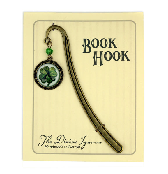 Four Leafed Clover / Shamrock Glass Cabochon Brass Book Hook / Bookmark