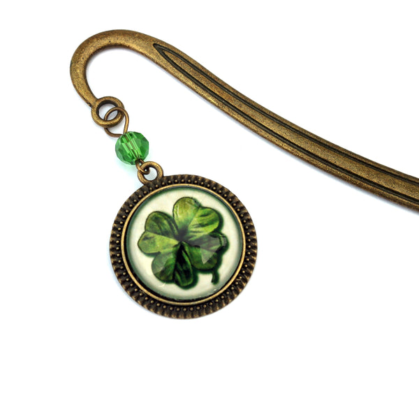 Four Leafed Clover / Shamrock Glass Cabochon Brass Book Hook / Bookmark