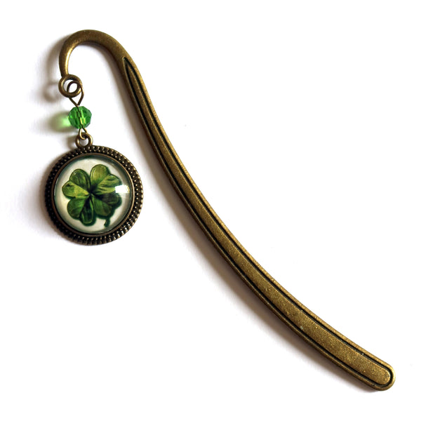 Four Leafed Clover / Shamrock Glass Cabochon Brass Book Hook / Bookmark