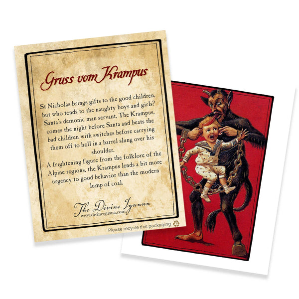 Krampus Carrying Naughty Child by the Ears Set of Four Blank A-2 Note Cards with Matching Envelopes and "The Story of the Krampus" Inserts