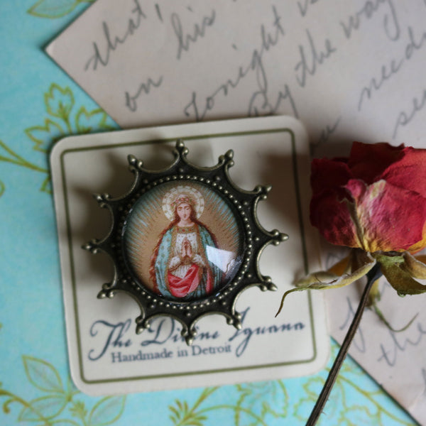 Madonna of Guadalupe Our Lady of the Stars  Reversed Decoupage Glass Brooch