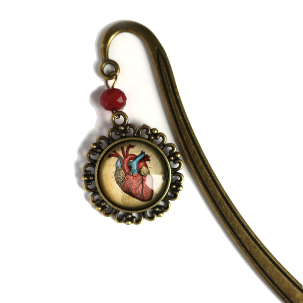 Human Heart Glass Cabochon Brass Book Hook / Bookmark