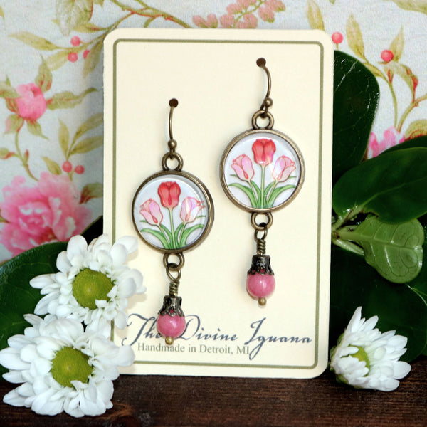 Spring Tulip Glass Cabochon Earrings