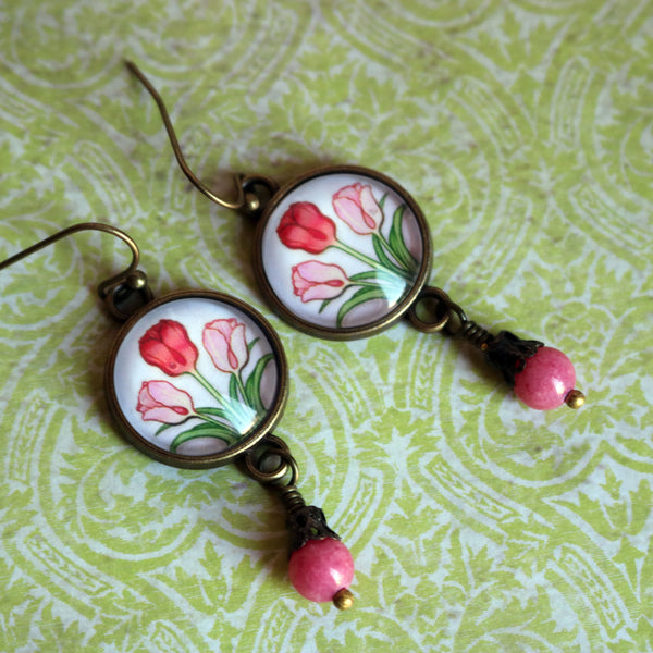 Spring Tulip Glass Cabochon Earrings