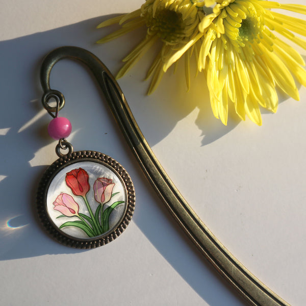 Spring Tulips Glass Cabochon Brass Book Hook / Bookmark