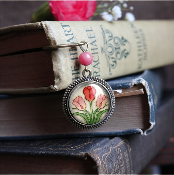 Spring Tulips Glass Cabochon Brass Book Hook / Bookmark