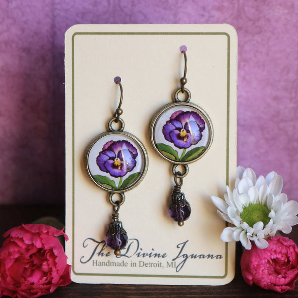 Purple Pansy Vintage Inspired Drop / Dangle Earrings