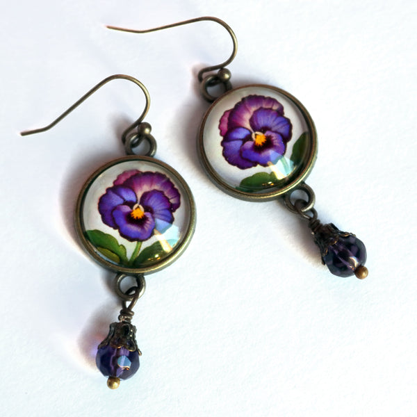 Purple Pansy Vintage Inspired Drop / Dangle Earrings