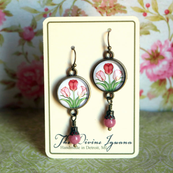 Spring Tulip Glass Cabochon Earrings