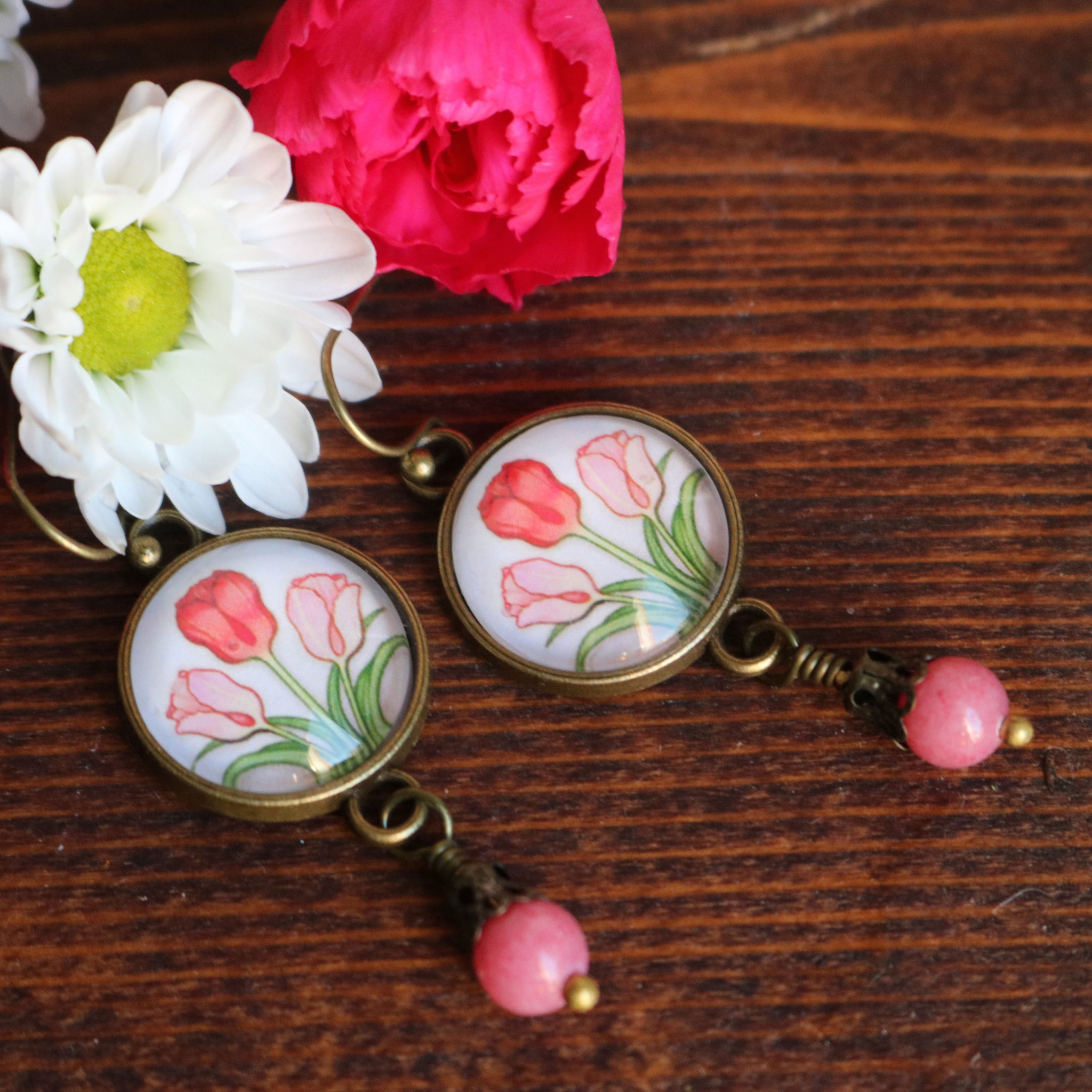 Spring Tulip Glass Cabochon Earrings