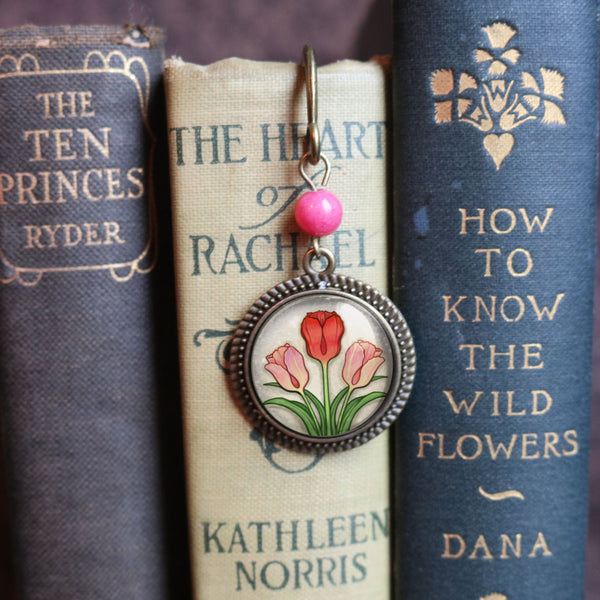 Spring Tulips Glass Cabochon Brass Book Hook / Bookmark