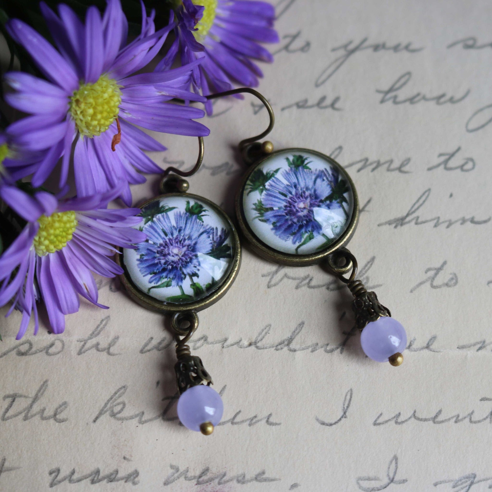 Purple Aster Vintage Inspired Drop / Dangle Earrings