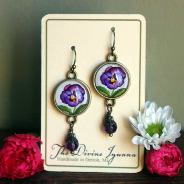 Purple Pansy Vintage Inspired Drop / Dangle Earrings