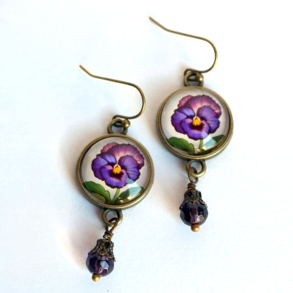 Purple Pansy Vintage Inspired Drop / Dangle Earrings