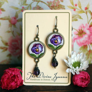 Purple Pansy Vintage Inspired Drop / Dangle Earrings