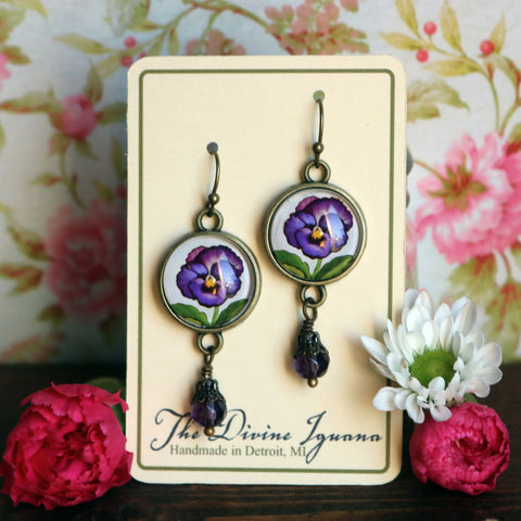 Purple Pansy Vintage Inspired Drop / Dangle Earrings