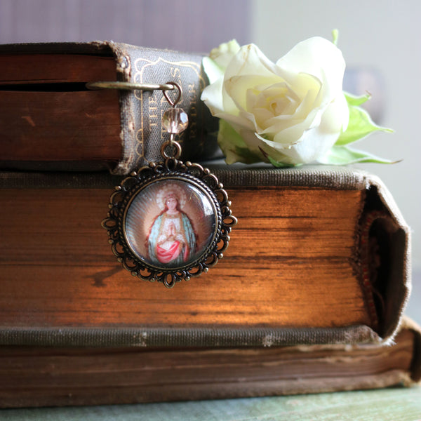 Our Lady of the Stars, Madonna of Guadalupe Glass Cabochon Brass Book Hook / Bookmark