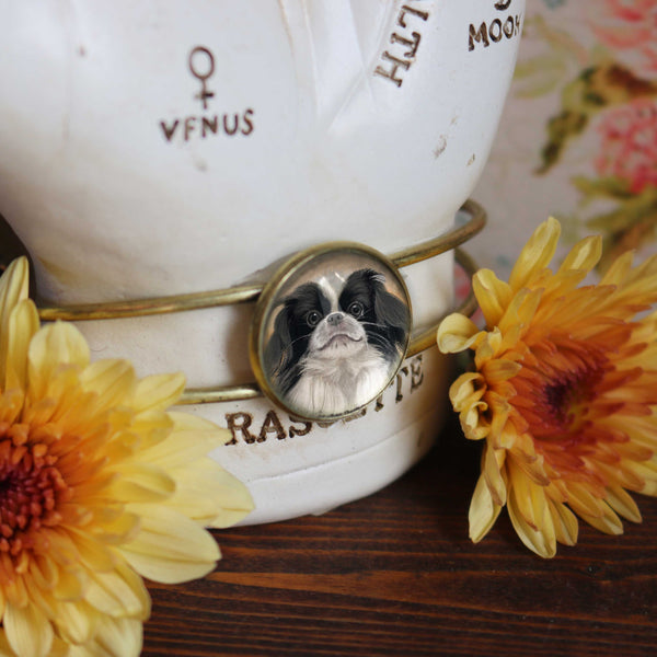 Best Friends Japanese Chin Dog Cuff Bracelet Antique Brass