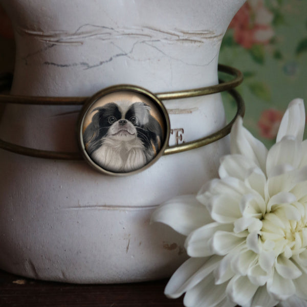 Best Friends Japanese Chin Dog Cuff Bracelet Antique Brass