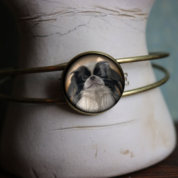 Best Friends Japanese Chin Dog Cuff Bracelet Antique Brass