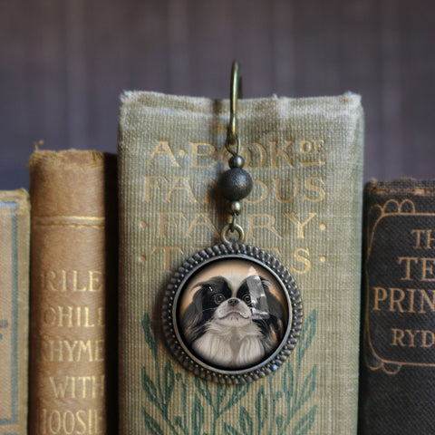 Japanese Chin Dog Glass Cabochon Brass Book Hook / Bookmark