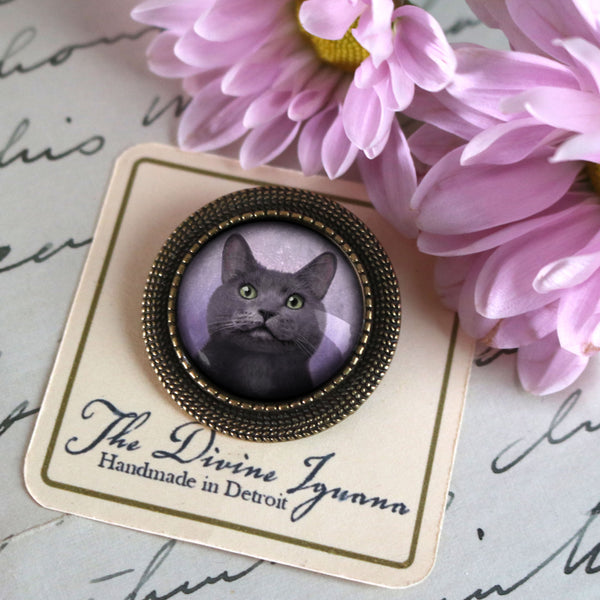 Russian Blue Cat Vintage Inspired Pin Brooch