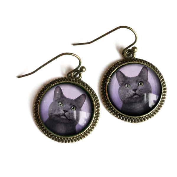 Russian Blue Grey Cat Earrings