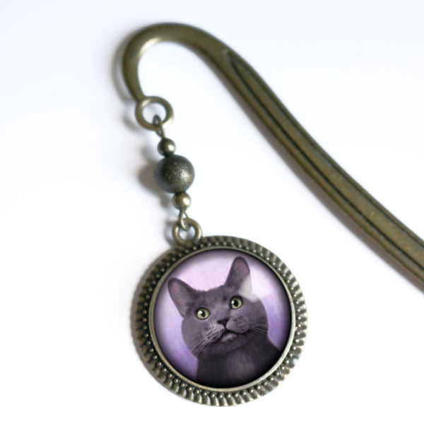 Russian Blue Cat Glass Cabochon Brass Book Hook / Bookmark