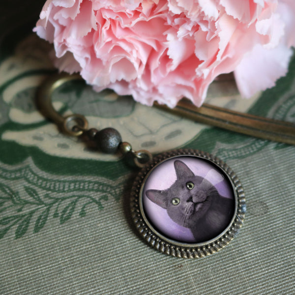 Russian Blue Cat Glass Cabochon Brass Book Hook / Bookmark