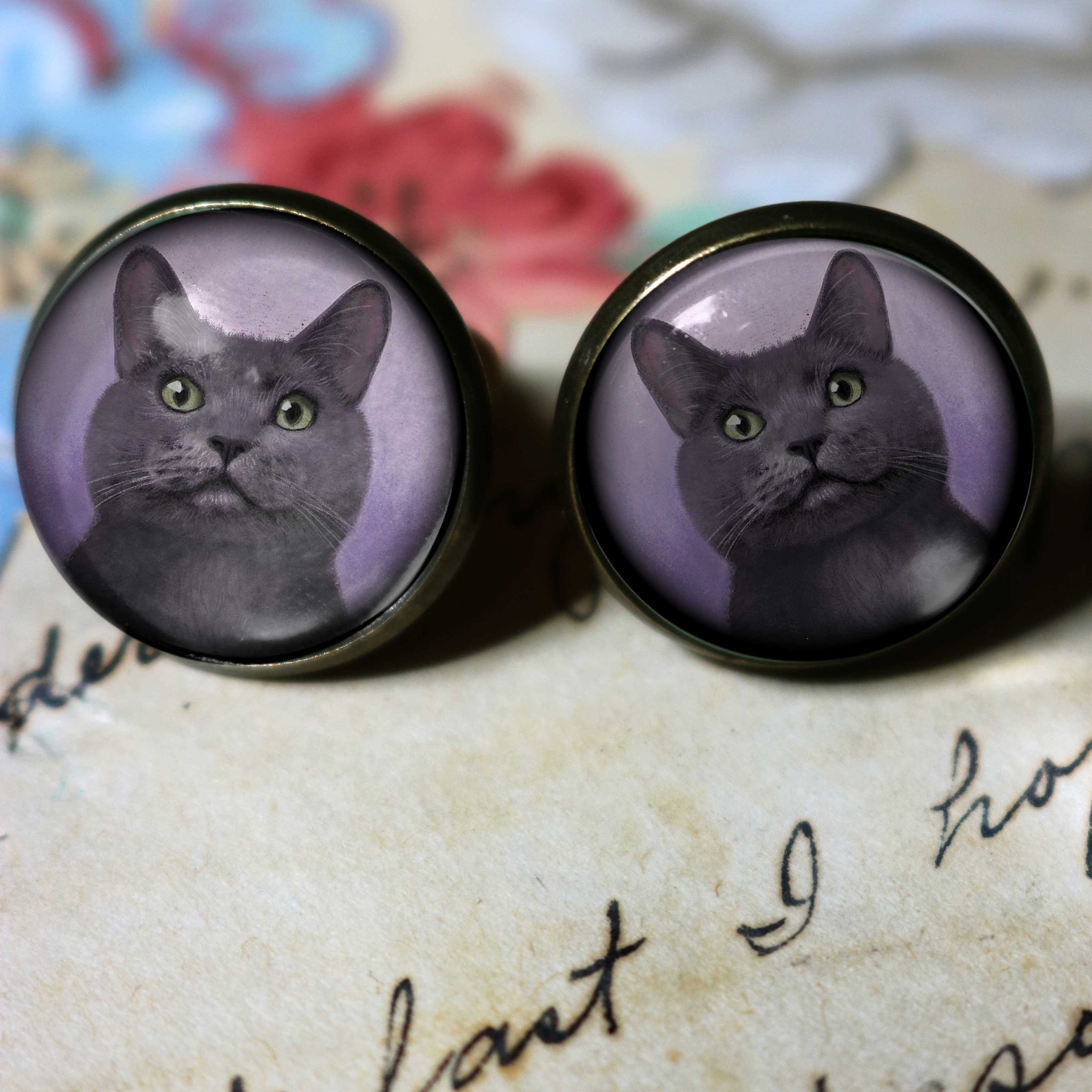 Russian Blue Cat Vintage Inspired Stud Earrings