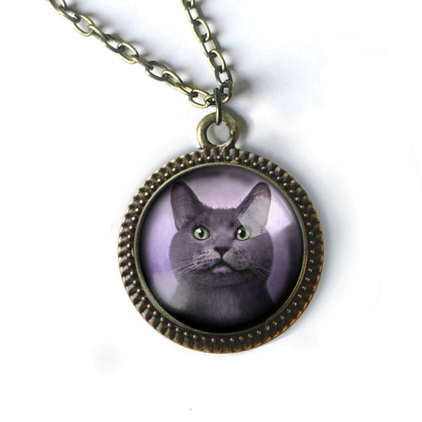 Russian Blue Grey Cat Reverse Decoupage Glass Cabochon Pendant Necklace