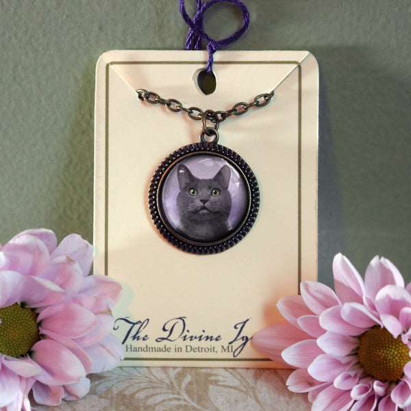 Russian Blue Grey Cat Reverse Decoupage Glass Cabochon Pendant Necklace