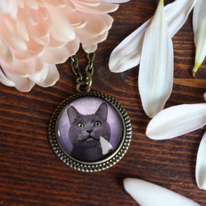 Russian Blue Grey Cat Reverse Decoupage Glass Cabochon Pendant Necklace