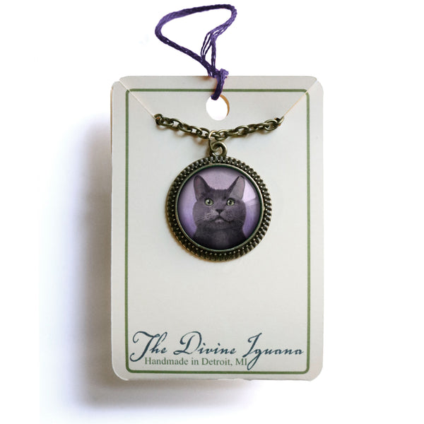 Russian Blue Grey Cat Reverse Decoupage Glass Cabochon Pendant Necklace