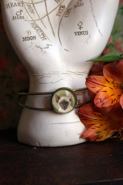 Siamese Cat Glass Cabochon Cuff Bracelet