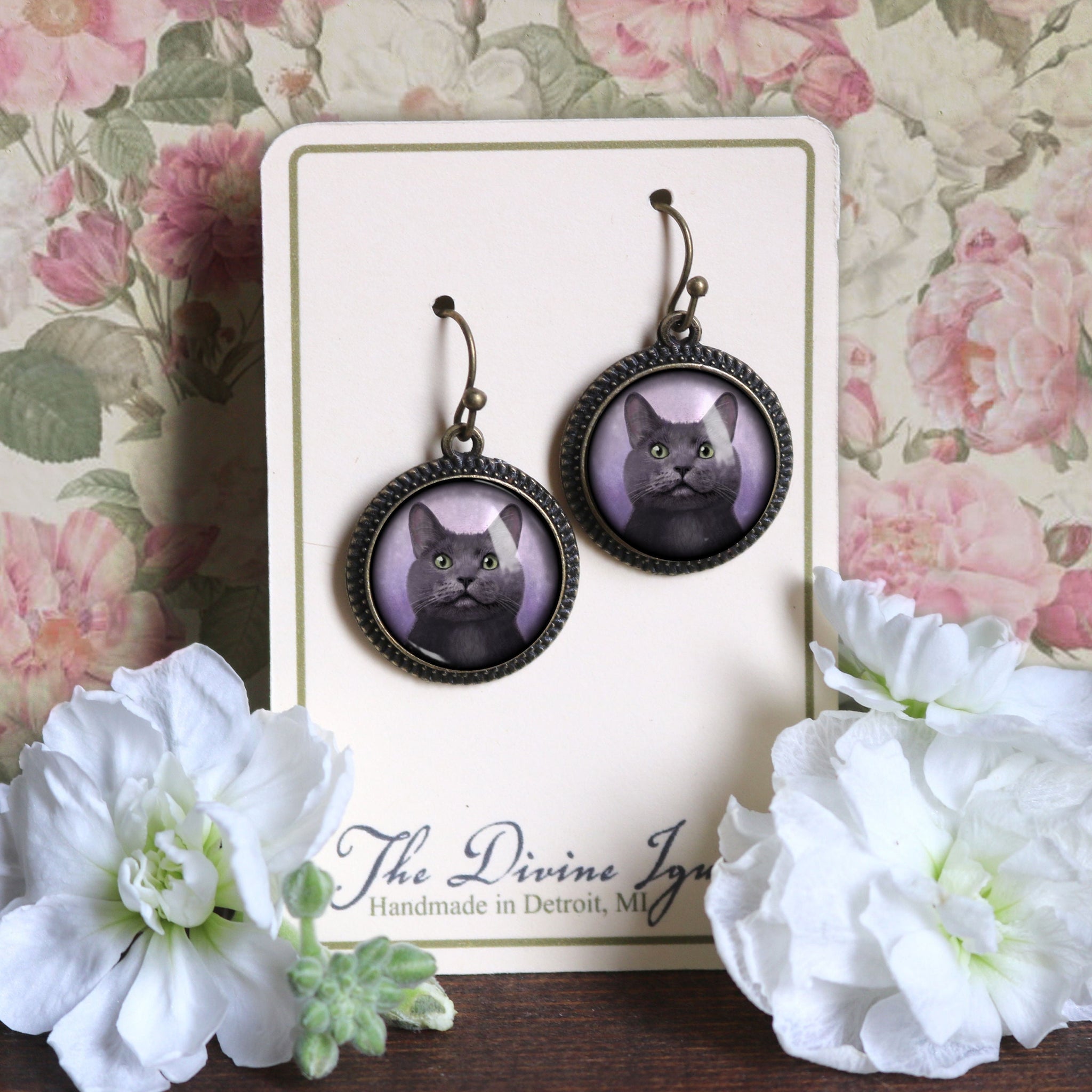 Russian Blue Grey Cat Earrings