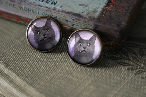 Russian Blue Cat Vintage Inspired Stud Earrings