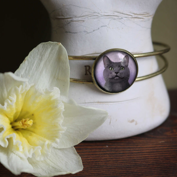 Russian Blue Grey Cat Cuff Bracelet