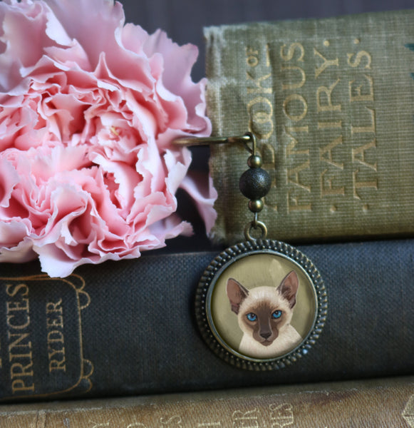 Siamese Cat Glass Cabochon Brass Book Hook / Bookmark