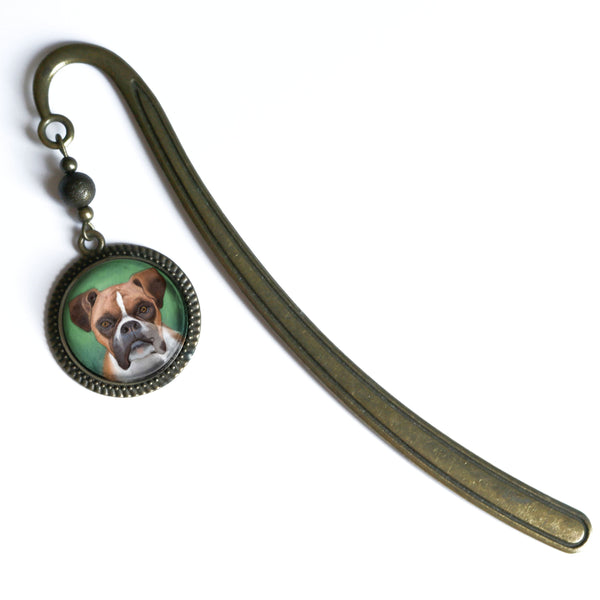 Boxer Dog Glass Cabochon Brass Book Hook / Bookmark