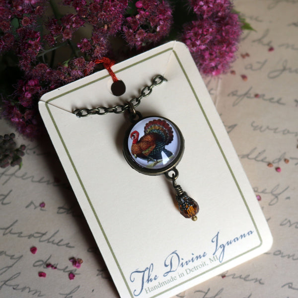 Victorian Turkey Thanksgiving Reversible Pendant Necklace with Bead Accent