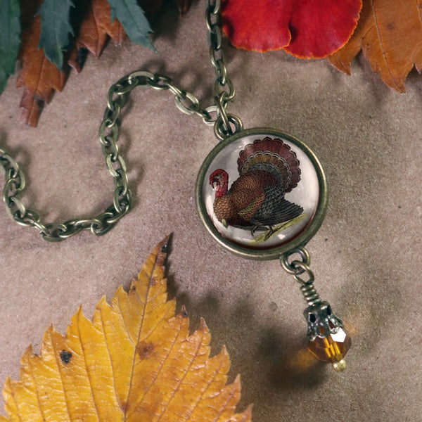 Victorian Turkey Thanksgiving Reversible Pendant Necklace with Bead Accent