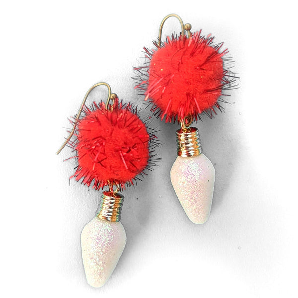 Ugly Christmas Earrings - Red Pom Poms with White Ornaments